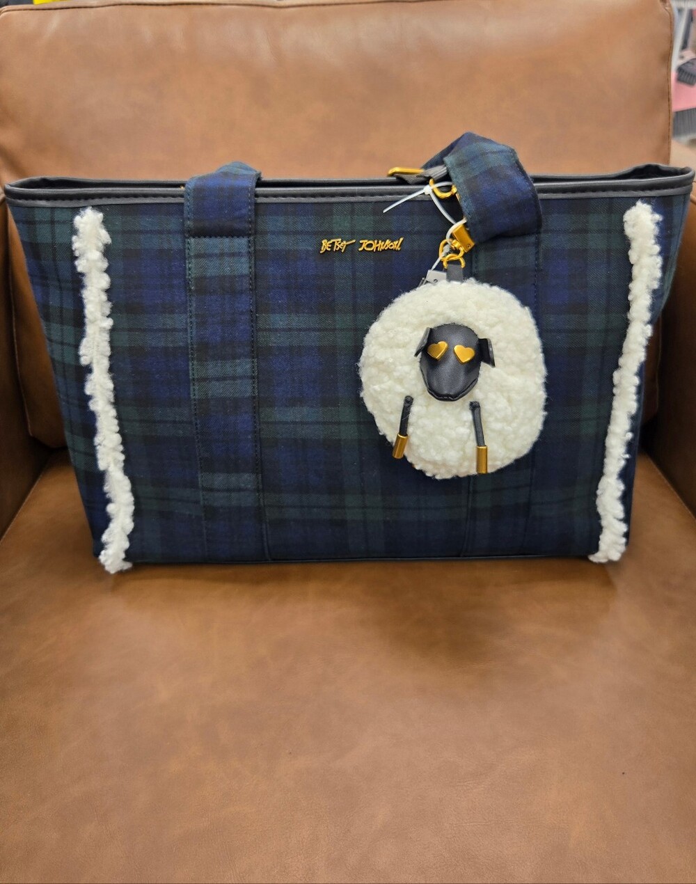 Betsey Johnson Plaid Tote Handbag with Sheep bag charm